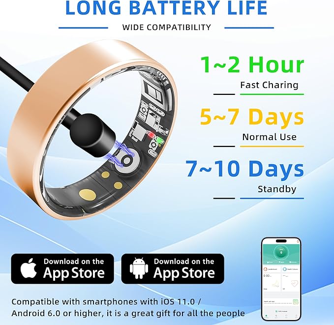 Smart Ring Health Tracking, Sleep Tracking, Heart Rate, Blood Oxygen, Blood Pressure，Fitness Ring, Activity Monitoring, 5 Days Battery, 5ATM Waterproof, No Subscription (Gold, 7#)