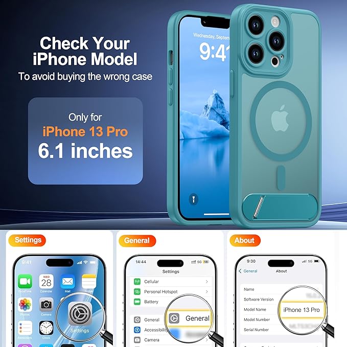 Magnetic Compatible with iPhone 13 Pro Case, [Built-in Kickstand][Full Camera Protection][Compatible with MagSafe][Anti-Fingerprint] Shockproof Phone Case for iPhone 13 Pro 6.1",Lake Blue