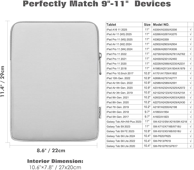 MoKo 9-11 Inch Tablet Sleeve Bag Carrying Case Fits New 11inch iPad Air M4, iPad A16 2025, iPad Pro 11 M4, Air 5/4/3, iPad 10/9/8th Gen, Tab S8/S9 11", Tablet Carrying Case, Gray + White