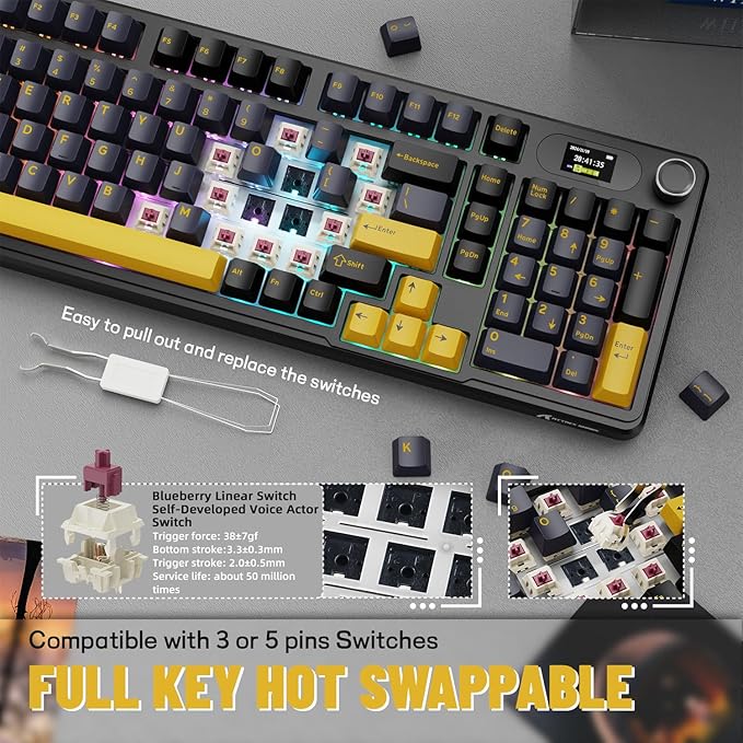 MAMBASNAKE Attack Shark X98 Pro Wireless Mechanical Keyboard with Screen & Knob, 2.4G/USB-C/BT5.0 Gasket Hot Swappable Creamy Keyboard102 Keys, Web Driver RGB Gaming Keyboard for PC/Mac/PS4/Xbox