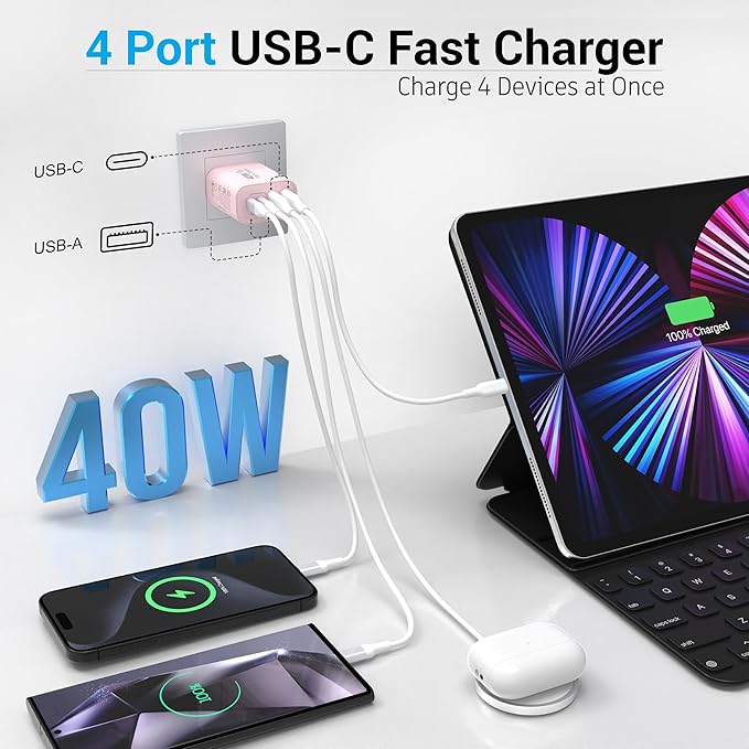 TT&C 40W USB C Charger Block, 4-Port Fast Charging Block (2 USB-C + 2 USB-A), Compact Multi-Device Wall Plug Adapter for iPhone 17,16,15,14, Pro Max, Samsung Galaxy S24/S23, Travel & Home (Pink 1Pack)