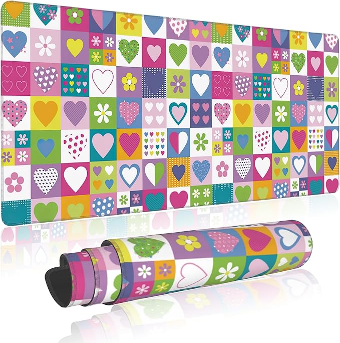 Extended Gaming Mouse Pad Checkered Heart Flower Large Mousepad with Stitched Edges,Anti-Slip Rubber Base Keyboard Mouse Mat Desk Pad for Gaming Home Office 35.4 x 15.7 inches