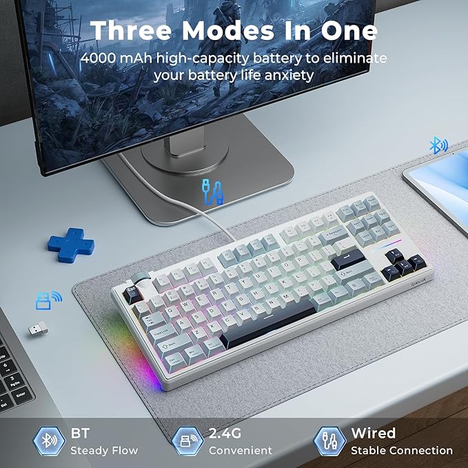 Redragon K716 Wireless Mechanical Keyboard with Knob, Gasket Gaming Keyboard in TKL Layout, Hot swap Pre-Lubed Switches, RGB Backlight, for PC/Mac (White)
