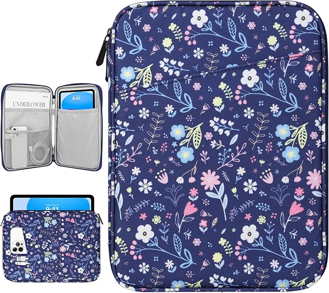 Dadanism 9-11" Tablet Sleeve Bag Carrying Case for iPad (A16) 11th Gen 11", iPad 10th Gen 10.9" Air 5/4, iPad Air M4/Pro 11", iPad 9/8/7th, Galaxy Tab A11+ Plus 11", Remarkable 2 10.3", Flower+Blue