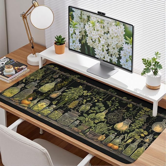 Witchy Botanical Green Plants Desk Mat Mouse Pad Large Gaming Mouse Pad Mystical Dark Cottagecore Mousepad Computer Laptop Keyboard and Mouse Mat, Desktop Protector Mat