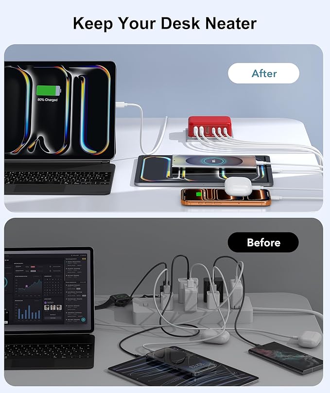 Fast Charger Block, GaN 6 Port USB C Charging Station Hub Cube, 100W Multiport Type C Wall Charger Power Strip Plug with PD 3.0+QC for iPhone 16 15 14 13 12 1 Pro Max XR XS 8 7, Samsung, iPad, Table