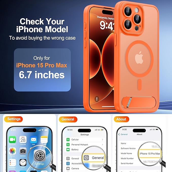 Magnetic Compatible with iPhone 15 Pro Max Case, [Built-in Kickstand][Full Camera Protection][Compatible with MagSafe][Anti-Fingerprint] Shockproof Phone Case for iPhone 15 Pro Max 6.7",Orange