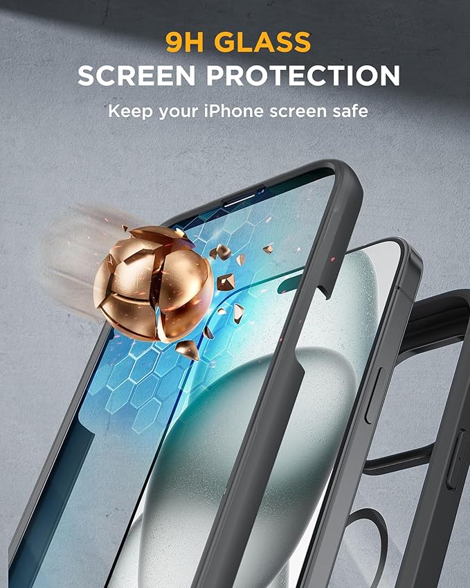 Miracase Magnetic for iPhone 15 Plus Case 6.7'',only for 15 Plus Phone Case Cover with Built-in 9H Tempered Glass Screen Protector,not for Pro/Pro Max,Magnetic Black