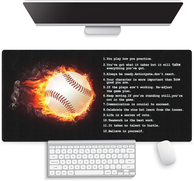 Large Gaming Mouse Pad (31.5" x 15.8")- Fantasy Baseball with Flame Inspirational Quote Wisdom for Success in Life & Sport, Extra XXL Office Accessories, Premium Stitched Anti-Slip Desk Mat