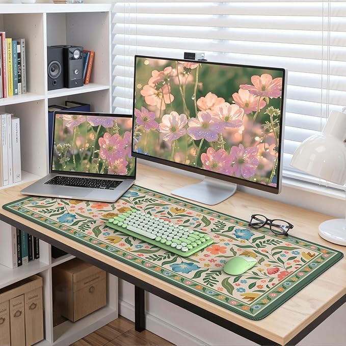 iLeadon Computer Desk Mat with Smooth Surface, Floral Stitched Edges XL Big Mosue Pad for Keyboard, Non Slip Green Extra Large Mouse Pad for Desktop, Office Desk mat for Women (Green)