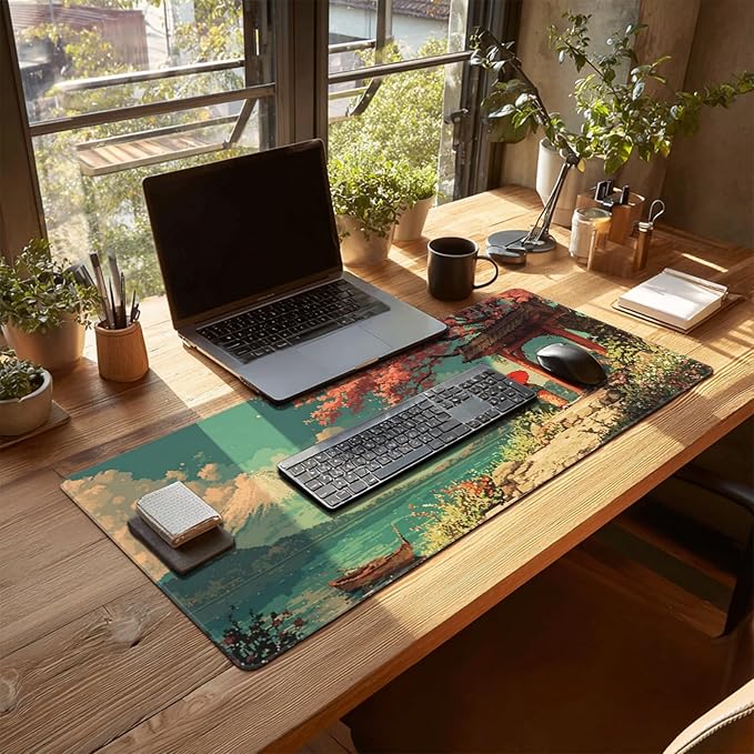 AQQA Pink Japanese Desk Mat with Stitched Edges,31.5" x 15.7" Large Dual-Sided Cherry Blossom Mousepad for Women,Mouse Pad Protector with Waterproof for Laptop Office Accessories