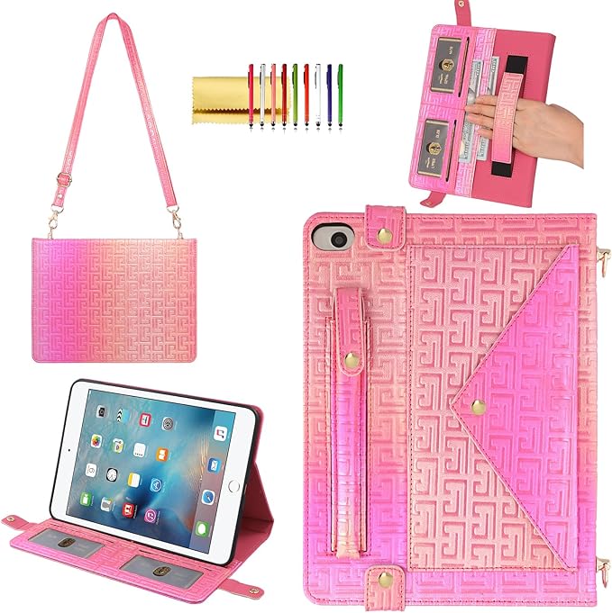 Shiny Case for iPad mini 5/4/3/2/1, Mini 7.9" Handbag Case, Techcircle Iridescent PU Leather Folio Envelope Pocket Stand Cover with Hand Strap+Shoulder Strap+Pencil Holder+Card Slots, Shiny Rose Pink