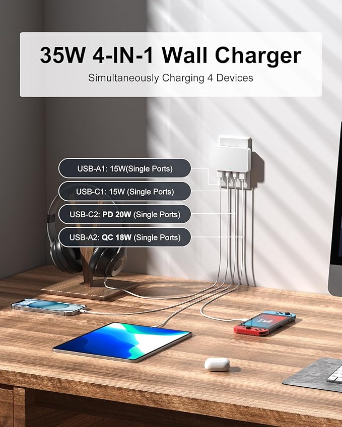 Flat USB Wall Charger 4 Ports Slim 35W USB-C/A Flodable Plug Fast Charging Block for iPhone 8/9/10/11/12/13/14/15 Multiport Power Charging Adapter for ipad and Galaxy Series S8-10 White