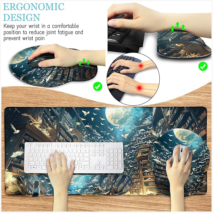 LIMKRIAN Anime Book Mouse Pad Set Large Desk Matt for Desktop, Ergonomic Mouse Pad with Wrist Rest, Gaming Mousepad Wrist Support Keyboard Mat Cup Coaster Set Cute Desk Accessories for Women Girl