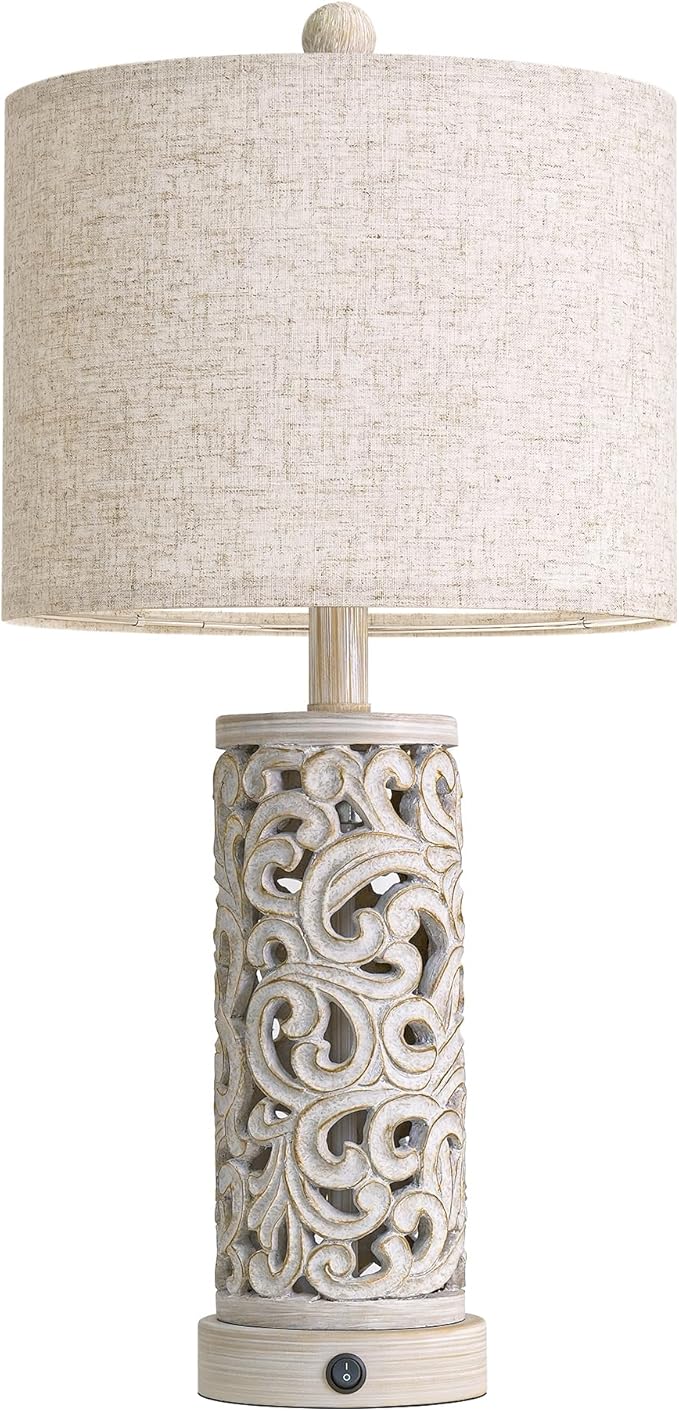 OYEARS 22'' Farmhouse Table Lamp for Living Room, Bedside Lamp with 2 USB Ports for Bedroom, Rustic Nightstand Lamp with Linen Lampshade for Office Hallway Home Decor, Distressed Grey (Bulb Included)