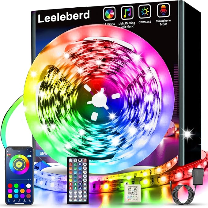 Leeleberd 32.8ft Led Strip Lights Smart App Music Sync Color Changing RGB Led Light Strips Bluetooth LED Strips with Remote Led Lights for Bedroom Home Decoration