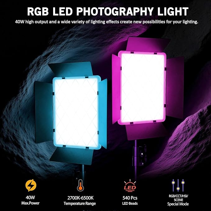 NiceVeedi 40W RGB Photography Lighting with 20 Effects, 360° Full Color/2700-6500K Studio Lights with Remote & Display, Lighting for Video Recording/Photography/Streaming/YouTube/TikTok/Content Creat