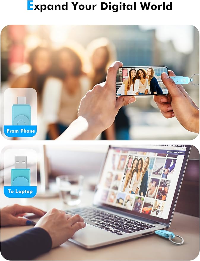 MOSDART 64GB USB C 3.2 Fast Speed C and A Dual Flash Drive, exFAT Memory Stick with Keychain and LED Indicator, for iPhone 15,16,17, Android Phone, iPad, MacBook, and Other Laptops, Sky Blue