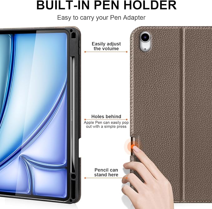 for iPad Air 13 inch Case 2024/2025 M3/M2 Model, Premium Smart Folio Cover with Auto Wake/Sleep, Apple Pencil 2 Holder, Multi-Angle Stand and Secure Buckle Closure (Gray Brown)