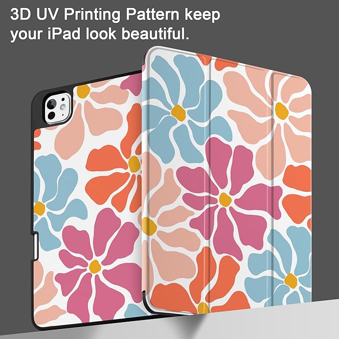 MEEgoodo Case for M5 iPad Pro 11 inch 2025/M4 iPad Pro 11 inch Case 2024, Tablet Cover with Trifold Stand & Pencil Holder & Auto Wake/Sleep & Soft TPU Back Cover, Minimalist Style Floral