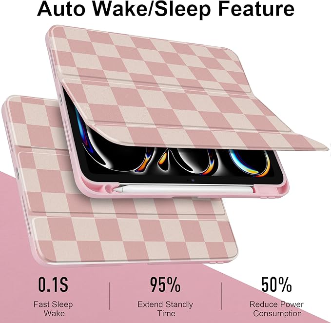 Case for iPad Pro 11 inch (M5) 2025 (M4) 2024 Release with Pencil Holder - Aesthetic Cute Preppy Design Trifold Cover with Soft TPU Bumper Clear Back Auto Sleep/Wake for Girls Women, Lattice