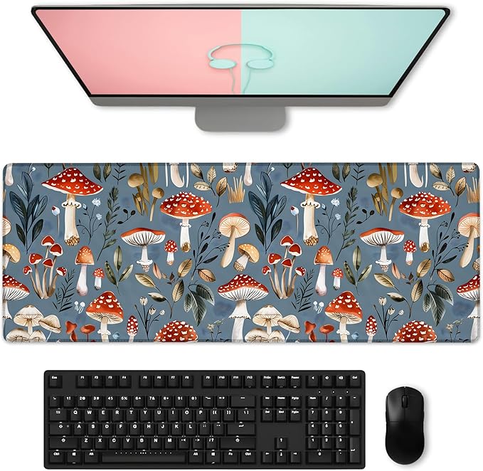 Funny Mushroom Gaming Mouse Pad, Large Woodland Mushrooms Design Desk Mat for Laptop Keyboard Computer, Non-Slip Rubber Base Desktop Extended Mousepad for Office Home Accessories 31.5"×11.8"
