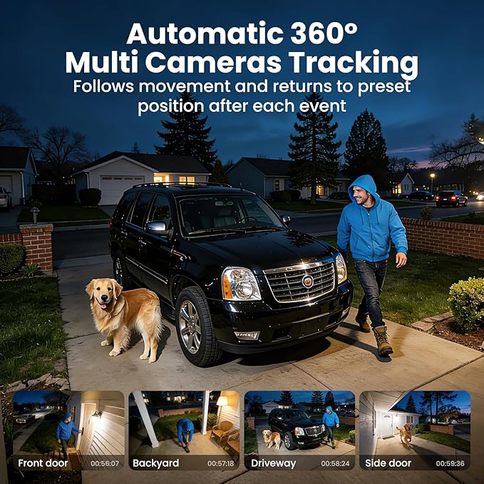 SOLIOM- 5MP Security Cameras Wireless Outdoor, No Subscription & Solar Powered,4-Cam Pack Cameras for Home Security with 360° Auto Motion Tracking, 3K Color Night Vision,5G & 2.4G Router Compatible