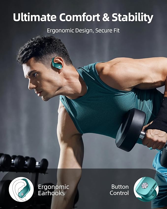 bmanl Wireless Earbuds Bluetooth Headphones Over Ear Hooks Ear Buds with 80H Playtime, LED Power Display, Dual Mic Clear Calls, Sports Wireless Ear Buds Bluetooth Earbuds for Running Gym Workout Green