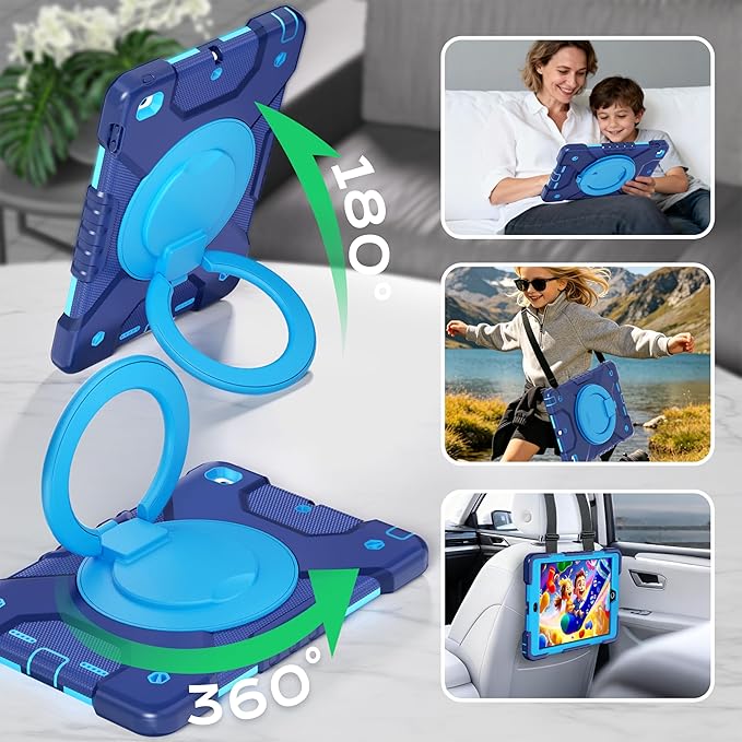 Andnary Case for iPad 6th/5th Generation 9.7 inch 2018/2017 Case, iPad Air 2/Pro 9.7 inch Heavy Duty Protective Cover with 360° Rotate Handle Stand, Pencil Holder, Shoulder Strap (Navy+Blue)