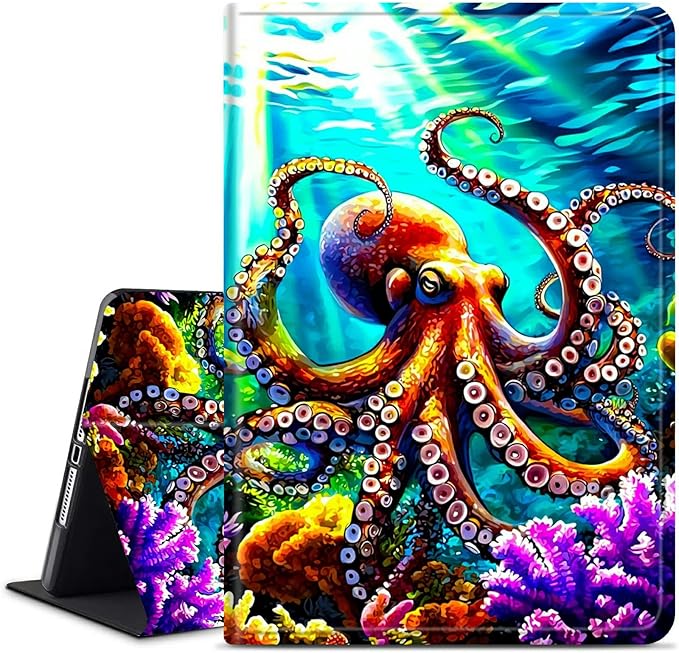 for Amazon Kindle Fire HD 8 (8th/7th/6th Generation, 2018/2017/2016 Release) 8" Tablet Case, Slim Kickstand Stand Leather Smart Cover with Auto Wake/Sleep, Underwater Octopus
