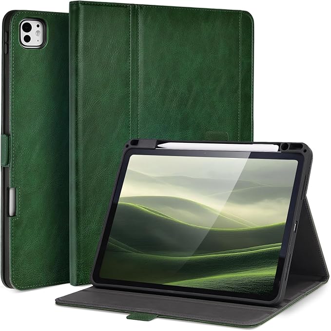 Handmade Case for iPad Pro 11 Inch (M5/M4) 2025/2024 with Pencil Holder Pocket,Magnetic Closure,Auto Sleep/Wake,Vegan Leather Folio Protective Cover,Multi Angles Stand,Green