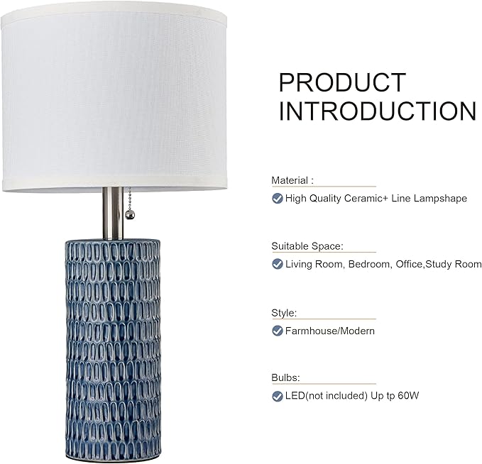 Reaketon Table Lamps for Living Room Set of 2, Ceramic Table Lamps for Bedroom, 20" Modern Lamps for Night Stands, Dark Blue