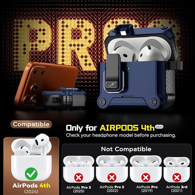 Inesore Compatible with AirPods 4 Generation Case,Secure Lock & Phone Stand Design,Compatible with MagSafe,Automatic Snap Switch Secure Cover for New AirPods 4th (2024)-Dark Blue