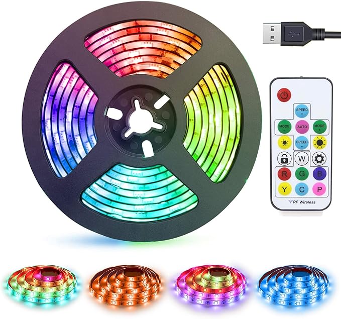 LED Strips Lights USB Powered Rainbow Chasing RGB LED Lights Strip LED TV Backlight Strip with 17-Key RF Remote Color Changing Strip Lights Waterproof IP65 LED Rope Lights LED Lights 2M 6.54FT