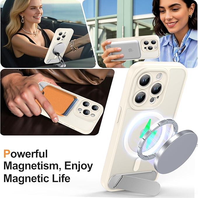 Magnetic Compatible with iPhone 15 Pro Case, [Built-in Kickstand][Full Camera Protection][Compatible with MagSafe][Anti-Fingerprint] Shockproof Phone Case for iPhone 15 Pro 6.1",Beige