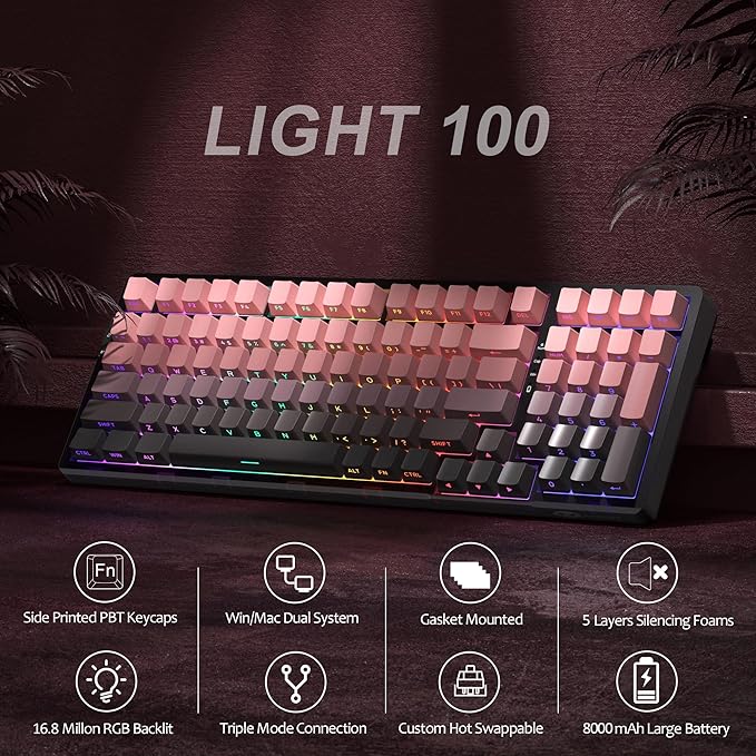 MageGee LIGHT100 Wireless Creamy Keyboard, Gasket Structure Hot Swappable, 2.4G/USB-C/BT5.0 RGB Backlit Mechanical Gaming Keyboard for Win/Mac/PC, 8000mAh Battery, Side Printed PBT Keycap, Pink