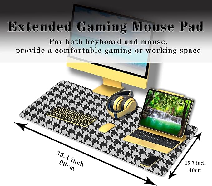 Gaming Mousepad Black and White Desk Mat for Desk Big Mouse Pads Keyboard Pad Home Office Decor Waterproof Non-Slip Rubber Base 35.4" X 15.7" for Game Office, Houndstooth Pattern