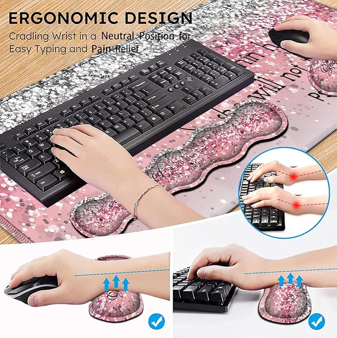 Desk Pad, Large Gaming Mouse Pad Extended Thick Writing Pads, Ergonomic Keyboard Wrist Rest with Non-Slip Rubber Base Office Desk Mat 31.5"×11.8", Psalm 46-5 Verse Pink Sparkles Glitter Mousepad