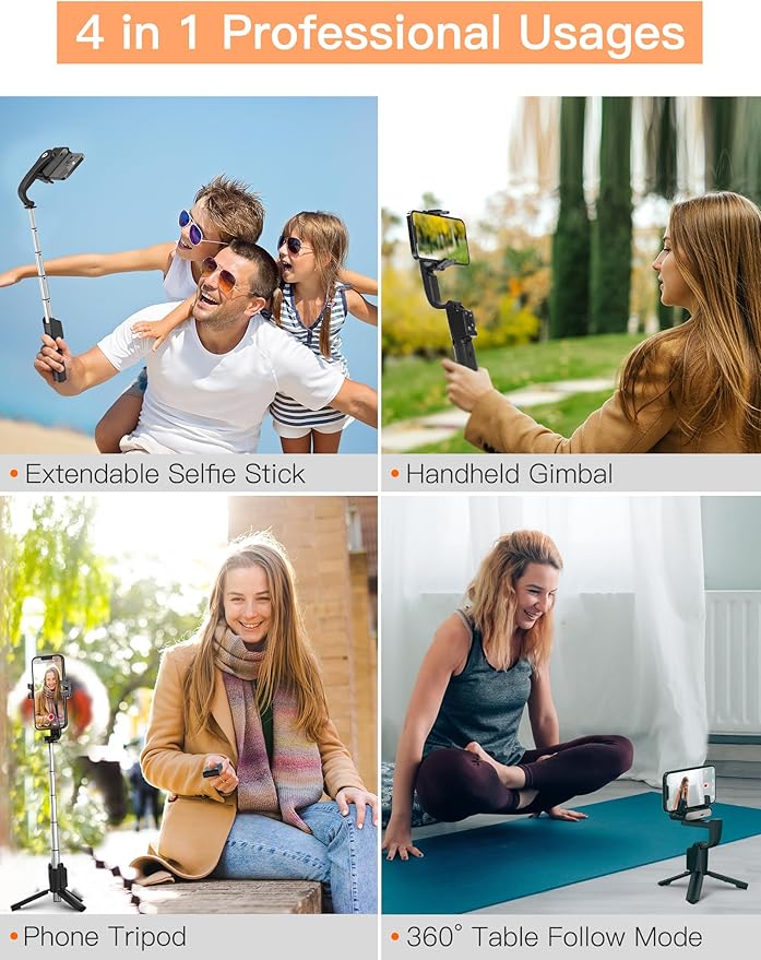 hohem iSteady Q Gimbal Stabilizer for Smartphone, 1 Axis Selfie Stick Tripod with Face Tracking, 360° Rotation, 4 in 1 Portable Phone Tripod w/Extendable Stick for iPhone 14/Android Video Recording
