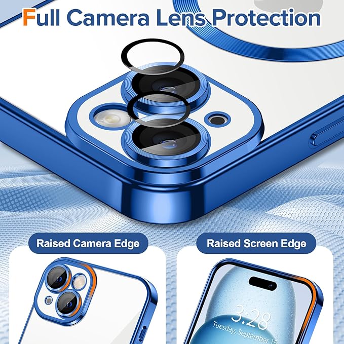 Hython Magnetic Clear for iPhone 15 Plus Case with Camera Lens Protector [Compatible with MagSafe] Luxury Plating Edge Slim Soft TPU Cover Protective Phone Case for iPhone 15 Plus 6.7", Deep Blue
