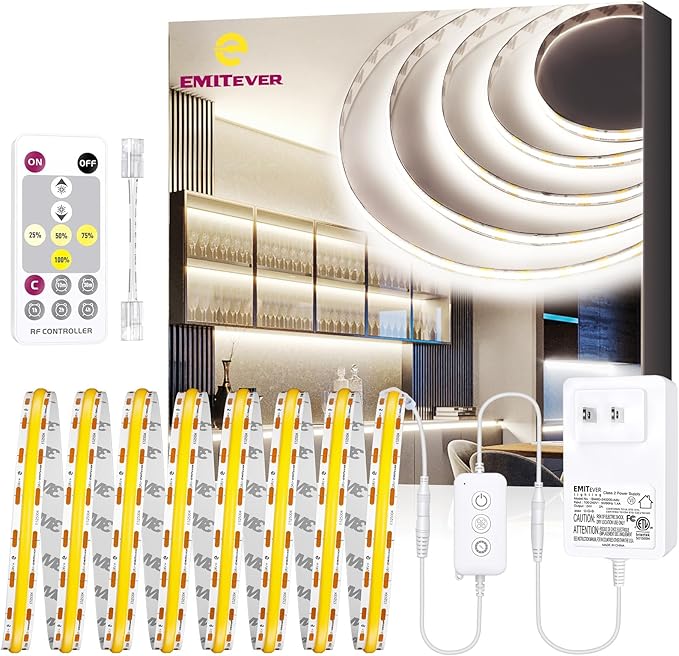EMITEVER COB LED Strip Lights Kit 4000K, Neutral White 16.4ft Dimmable Tape Light with Remote & 24V Power Supply, CRI90+,High Density 2400LEDs, 300+LM/FT, Suitable for Bedroom Kitchen Cabinet Lighting