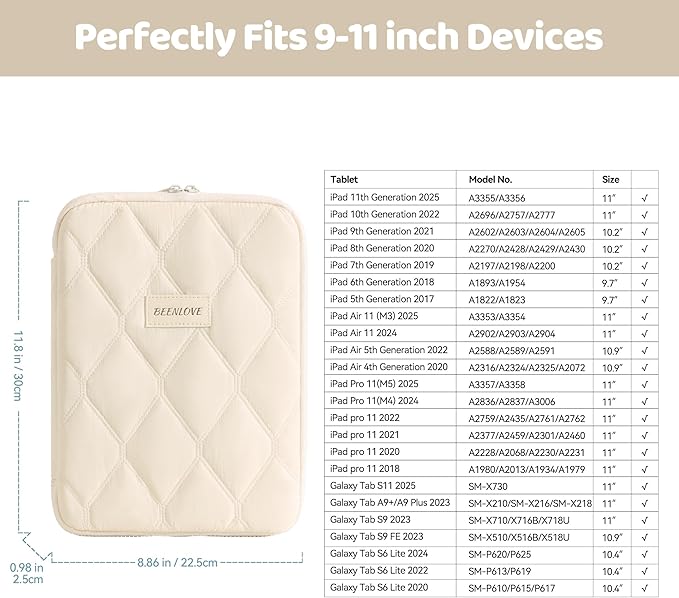 Veki 9-11 Inch Tablet Sleeve Bag, Travel Carrying Case for iPad 11-inch A16 2025, iPad Pro M5/M4 11", iPad Air M3/M2 11", iPad 10.9", 11" Galaxy Tab S11/A9+/S9/S8, iPad Bag Fit Magic Keyboard (Beige)