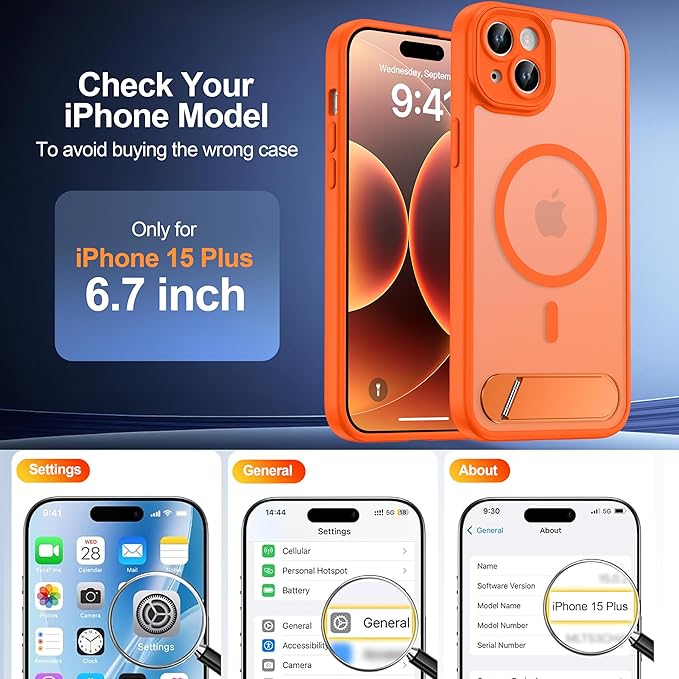 Magnetic Compatible with iPhone 15 Plus Case, [Built-in Kickstand][Full Camera Protection][Compatible with MagSafe][Anti-Fingerprint] Shockproof Phone Case for iPhone 15 Plus 6.7",Orange
