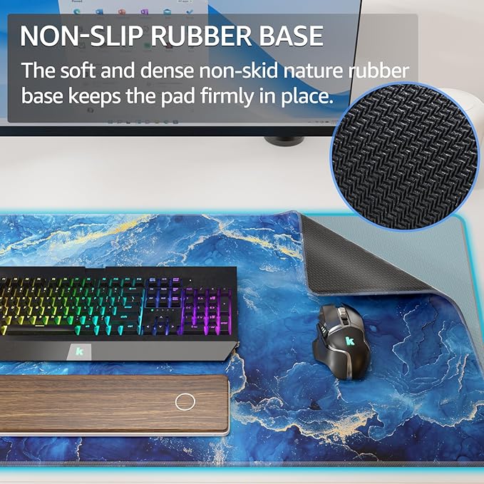 KTRIO Large Gaming Mouse Pad Desk Mat, Superior Micro-Weave Cloth, Non-Slip Rubber Base, Stitched Edges, Water-Resistant, for Gamer, Office & Home, 31.5 x 15.7 Inch，Blue Marble
