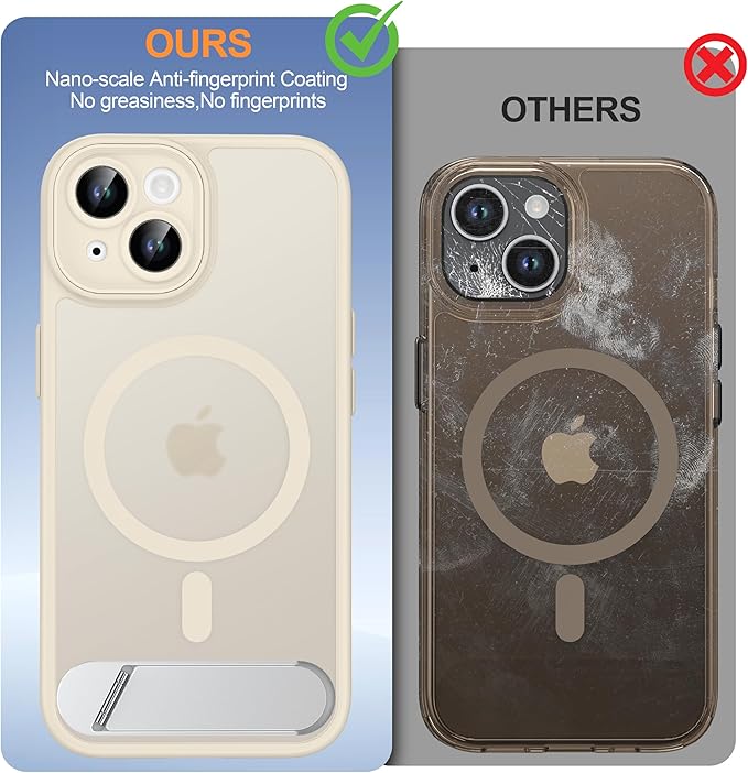 Magnetic Compatible with iPhone 15 Case, [Built-in Invisible Kickstand][Compatible with MagSafe][Full Camera Protection] Translucent Matte Phone Case for iPhone 15 6.1" Beige