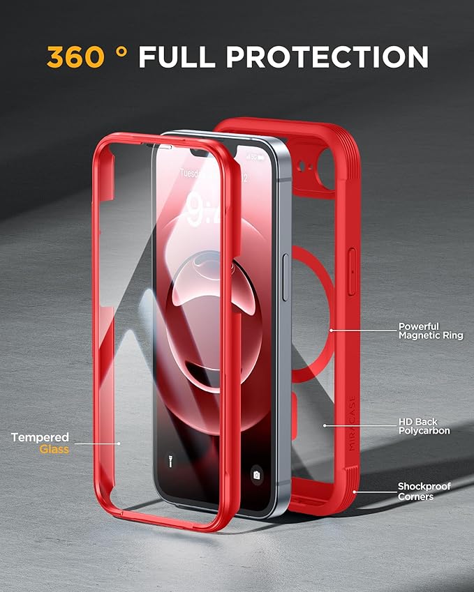 Miracase for iPhone 17e Case & iPhone 16e Case, Full-Body Phone with Built-in Glass Screen Protector, [Magnetic with MagSafe] Military Drop Proof 17 E/ 16 E Cover Bumper 6.1 inch, Red
