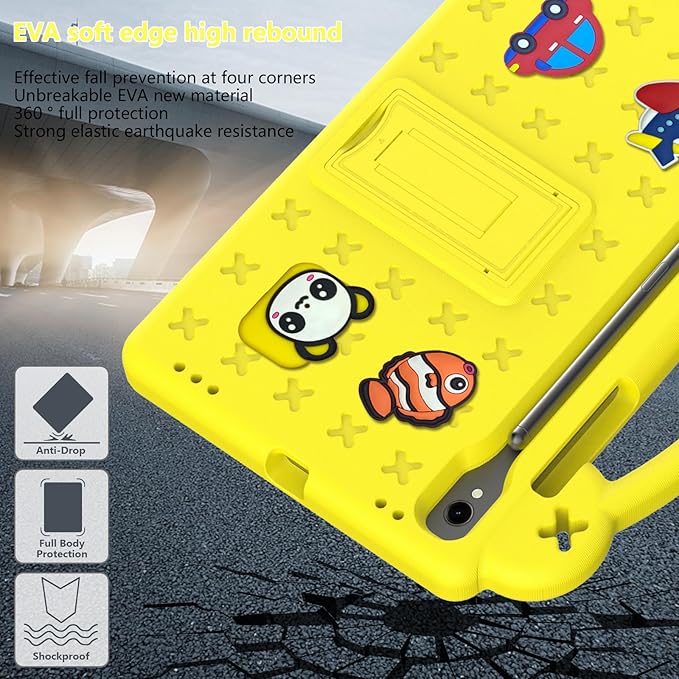 AKABEILA Compatible with Samsung Galaxy Tab S10 FE 2025 Tablet Case, Kids Friendly Universal Lightweight Shockproof Protective Case with Shoulder Strap & Stand Handle Yellow