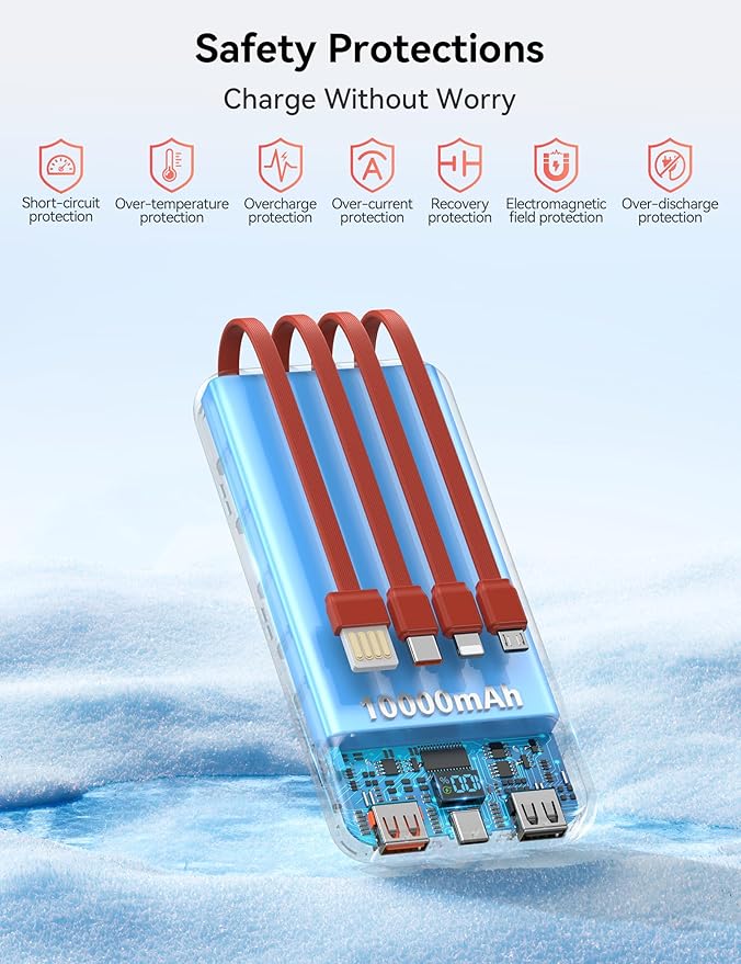 Portable Charger, 10000mAh 22.5W Fast Charging Power Bank with 4 Built-in Cables, Travel Essentials Battery Pack with LED Display, 6 Outputs Charging Bank Compatible with iPhone, iPad, Samsung etc Red