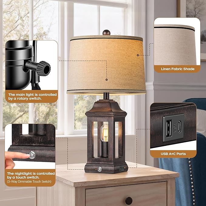 24" Rustic Farmhouse Table Lamps for Living Room Set of 2, Touch Dimmable Nightlight Vintage Bedside Lamps with USB A+C Ports & Dual Light Sources for Bedroom Nightstand End Table, Antique Black
