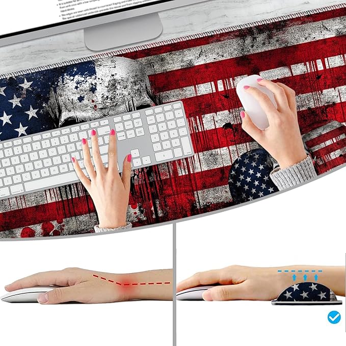 Extended Non-Slip Mouse Pad + Mouse Wrist Rest + Lace-Shaped Coaster Set, Ergonomic Design, Suitable for Desk and Home Gaming Table Mat, A Cross and an American Flag